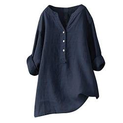 Leinen Bluse Damen Oversize Langarm Lose Leinenbluse V-Ausschnitt Knopf Einfarbig Blusen Hemd Shirt Sommer Herbst Longshirt Oberteile Tunika Lang Tops von Generic