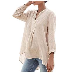 Leinen Bluse Damen Sommer Langarm V-Ausschnitt Grosse Grössen Leinentunika Leinenoberteile Leinenbluse Einfarbig Tshirt Loose Elegant Oberteile Pullover T-Shirts Tops, Beige, XXL von Generic