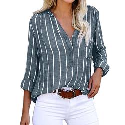 Leinenbluse Damen Hemd - Gestreifte Bluse Damen Sommer T-Shirt Baumwolle Leinen Oberteile Knopfleiste Langarm Leinenhemd mit Brusttasche Blusenshirt Tunika Arbeits Tops T-Shirts & Blusen für Frauen von Generic