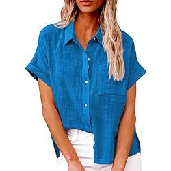 Leinenbluse Damen Hemd mit Brusttasche - Knopfleiste Bluse Damen T-Shirt Baumwolle Leinen Sommer Oberteile Revers Leinenhemd Kurzarmshirt Blusenshirt Tunika Arbeits Tops T-Shirts & Blusen für Frauen von Generic