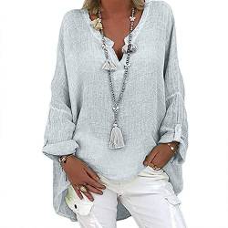 Leinenbluse Damen Oversize V-Ausschnitt Longbluse Damen Langarmshirt Leinen Baumwolle Hemd Oberteile Einfarbig Shirt Leinen Blusenshirt Lange Lässiges Tunika Damen Sommer von Generic