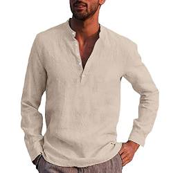 Leinenhemd Herren Langarm Baumwolle Leinen Stehkragenhemd Mann Regular Fit Leichtes Sommerhemd Freizeithemd Henley Shirt Men von Generic