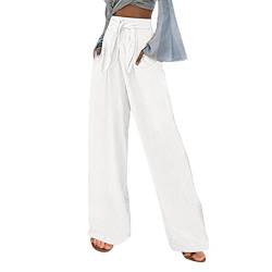 Leinenhose Damen Lang Weites Bein High Waist Sommerhose Elegant Stretch Bequem Stoff Leinen Hose Leicht Luftig Sommerhose Locker Schlupfhose Stoffhose (B1-White, L) von Generic