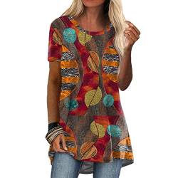 Longbluse Damen Kurzarm Rundhals Locker Tunika Tops Long Shirt Mode Bunte Drucken Lose Lang Bluse Hemdbluse Baumwoll Tee Mode Frühling Sommer Damenbluse Oversize von Generic