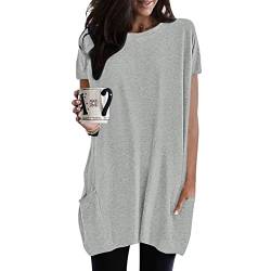 Longshirt Damen Lang Shirt Kurzarm Rundhals Oberteil Einfarbig Casual Lose T-Shirt Tunika Tops mit Taschen Elegant Kurzarmshirt Tshirt Lässig Rundkragen Oversize Blusen Tuniken von Generic