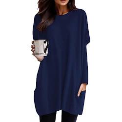 Longshirt Damen Lang Shirt Rundhals Langarm Oberteil Einfarbig Casual Pullover T-Shirt Tunika Tops mit Taschen Elegant Langarmshirt Sweatshirt Lose Lässig Rundkragen Oversize Blusen Tuniken von Generic