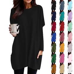 Longshirt Damen Lang Shirt Rundhals Langarm Oberteil Einfarbig Casual Pullover T-Shirt Tunika Tops mit Taschen Elegant Langarmshirt Sweatshirt Lose Lässig Rundkragen Oversize Blusen Tuniken von Generic