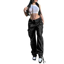 Low Waist Cargo Pants Damen Gerade Breites Bein Lose Weite Bein Track Pants Elastische Taille Gothic Hose Cargohose Damen Casual Lang Freizeithosen (Black-A, L) von Generic