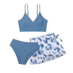 Mädchen Bikini Set,3-teilige Badeanzüge für Mädchen,Bikini Top+Shorts +Slips Badeanzug,Kinder Badebekleidung mit Blumenmuster Schwimmanzug,für 8-14 Jahre (#6-Blue, 9-10 Jahre) von Generic