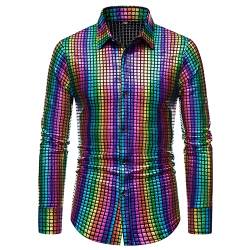 Männer Hemd Langarm-Freizeithemden für Karneval Kostüm Rave Hemden 80er Jahre Outfit Glitzerhemd Freizeithemden Oberteil Shirt Disco Party Kleidung von Generic