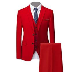 Männer Single Row Zwei Knopf Anzug Slim Fit Casual Solid Blazer Jacke Sets Hochzeit Party Abendessen Formales Kleid Smoking (Rot,XL) von Generic