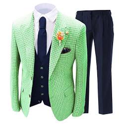 Männer Slim Anzug Casual Plaid Streifen Jacke DREI Stück Party Revers Weste Blazer Hose Business Light Smoking Sets (Grün,XS) von Generic