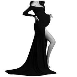 Maxi-Schwangerschaftskleider für Fotoshootings Schwangere Damen Geteilte Umstandskleid Elegante Fotografie Requisiten Mutterschaft Schulterfreies Hochzeit Abendkleid Umstandsmode (Black, XL) von Generic