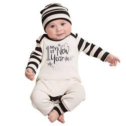 Mein erstes neues Jahr Kleidung Neugeborenes Baby Junge Mädchen Neujahr Outfits Streifen Brief drucken Strampler Overall Hut Stirnband Outfits Set Baby Mädchen erste Weihnachten (White, 0-3 Months) von Generic