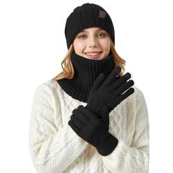 Mütze, Schal & Handschuh-Sets für Damen Loop Schal Herren Warme Verdicken Stirnband Mädchen Winter Handschuhe Damen Winterschal Set Damen Geschenk Winterzubehör Schwarz von Generic