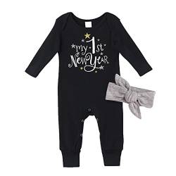 My First New Year Kleidung Neugeborenes Baby Boy Girl Neujahr Outfits Letter Print Strampler Overall Stirnband Outfits Set Schlafanzug Overall Jungen (Black, 6-12 Months) von Generic