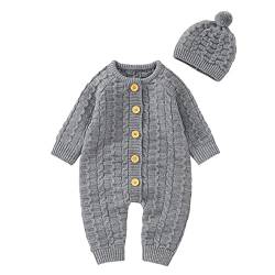 Neugeborenes Baby Jungen Mädchen Feste gestrickte Pullover Baby Overall Strampler Baumwolle Mützen Outfits Sets Kleidung Strick (Grey, 0-3 Months) von Generic