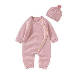 Neugeborenes Baby Jungen Mädchen Feste gestrickte Pullover Baby Overall Strampler Baumwolle Mützen Outfits Sets Kleidung Strick (Z lxyde5-Pink, 3-6 Months) von Generic