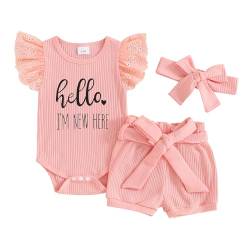 Neugeborenes Baby Mädchen Kleidung Brief Outfit Rippenstrick Strampler+Schleife Shorts+Halsband 0-3 Monate 3-6 Monate Mädchen Kleidung (A1-New Here PINK, 0-3 Months) von Generic