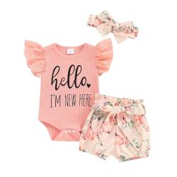 Neugeborenes Baby Mädchen Kleidung Brief Outfit Rippenstrick Strampler+Schleife Shorts+Halsband 0-3 Monate 3-6 Monate Mädchen Kleidung (A3-Im New Here Pink, 0-3 Months) von Generic