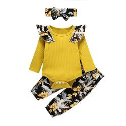 Neugeborenes Baby Mädchen Langarm Ripp Strampler Bluse Tops Print Hosen Hose mit Stirnbändern Outfit Set 3 STÜCKE Kleidung Kleinkind-Haarschleifen für Mädchen (Yellow, 0-6 Months) von Generic