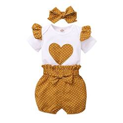 Neugeborenes Baby Mädchen kurze Rüschenärmel Patchwork Strampler Tops Polka Dot Shorts Hosen mit Stirnbändern 3er Set Haarschmuck für Mädchen (B, 0-3 Months) von Generic