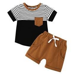 Neugeborenes Kleinkind Jungen Kurzarm Farbblock Streifendruck T-Shirt Tops Kurze Hosen Outfits Baby Mädchen Sommerkleid (Black, 12-18 Months) von Generic