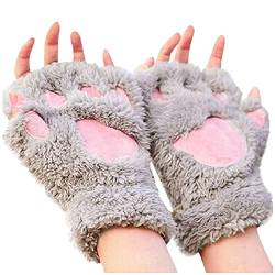 Niedlich Katze Klaue Pfote Plüschwarmen Fingerlose Handschuhe Kawaii Handschuhe Cosplay Kunstpelz Warm Katzen Handschuhe Löwenpfoten Winter Halbfingerhandschuhe für Mädchen Frauen (Grau, One Size) von Generic