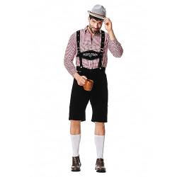 Oktoberfest Herren Outfit Komplett Set Deutscher 2-teiliger Bühnenkostüm-Anzug 1-teiliges Hemd + 1-teiliger Latzhose traditionelle Bierfest-Kleidung kariertes Hemd bestickter (A-Black, XL) von Generic