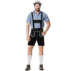 Oktoberfest Herren Outfit Komplett Set Deutscher 2-teiliger Bühnenkostüm-Anzug 1-teiliges Hemd + 1-teiliger Latzhose traditionelle Bierfest-Kleidung kariertes Hemd bestickter (Black, XXL) von Generic