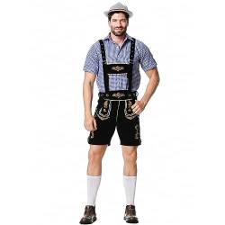 Oktoberfest Herren Outfit Komplett Set Deutscher 2-teiliger Bühnenkostüm-Anzug 1-teiliges Hemd + 1-teiliger Latzhose traditionelle Bierfest-Kleidung kariertes Hemd bestickter (Gold, M) von Generic