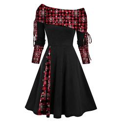 One Shoulder Weihnachtskleid Damen Rot Kariertes Midikleid A Linie Swing Abendkleid Elegante Langarm Tunika Coctailkleid 50er Jahre Rockabilly Kleider Weihnachtsmotiv Partykleid für Weihnachtsfeier von Generic