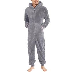 Overall Schlafanzug Herren, Lang Einfarbig Fleece Jumpsuit Pyjama,Männer Langen Ärmeln Reißverschluss Mit Kapuze Onesie Einteiler,Winter Warm Flauschig Romper Nachtwäsche (Dunkelgrau, M) von Generic