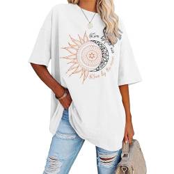 Oversize T Shirt Damen Vintage Kurzärmeliges Rundhals T-Shirt Sonne Mond Drucken Elegant Lang Oversized Tshirt Casual Lockere Basic Oberteile Tops Frauen Sommer Tee Shirts Bluse von Generic