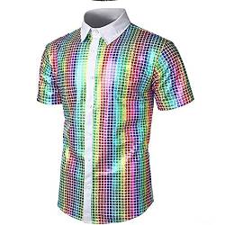 Pailletten Hemd Herren, Herren Pailletten Shirt 70er Disco Party Kustüm Kurzarm Herren Pailletten Hemd 70er Langarm Disco Party Kostüm Slim Fit Button Down Shirts Karneval Kostüm von Generic