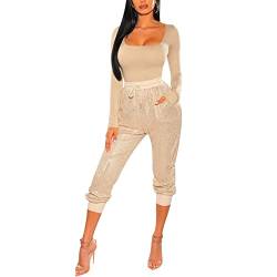 Pailletten Hose Damen High Waist - Glitzer Hose Damen mit Gummizug Drawstring- Schlupfhose Damen Sexy Rüschen Paperbag Freizeithose Elegant Hochzeit Damenhosen Party Festliche Lange Hosen für Frauen von Generic