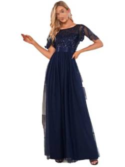 Pailletten Tüll Abendkleider Drucken bodenlangen langen Kleid Crewneck Ballkleid Cocktailkleid, marineblau, 38 von Generic