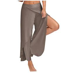 Palazzo Hose Damen Flowy Freizeithose mit Schlitz, Sommerhosen Damen Leicht und Luftig Hosen Wickelhose Weites Bein Yogahose Dünne Bequeme Sporthose für Frauen Bunte Schlaghose (A02-Khaki, L) von Generic