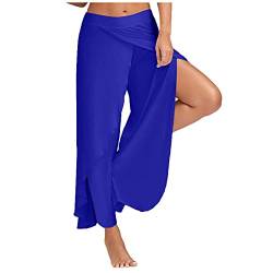 Palazzo Hose Damen Flowy Freizeithose mit Schlitz, Sommerhosen Damen Leicht und Luftig Hosen Wickelhose Weites Bein Yogahose Dünne Bequeme Sporthose für Frauen Bunte Schlaghose (A03-Blue, L) von Generic