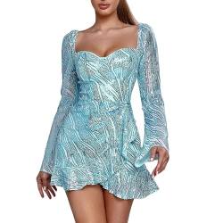 Partykleid Damen Glitzer,Pailletten Kleid Damen Cocktailkleid,Minikleid Damen Langarm Rüschen Mini Kleider A-Linie Swing Ballkleider Kurz Stickerei Abendkleid Sexy Paillettenkleid für Frauen von Generic