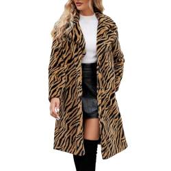 Plüschjacke Damen Strickjacke Dicker Leopardenmuster Tigerstreifen Langarm Lang Strickjacke Kimono Cardigan Loose Winter Lang Cardigan Casual Strickmantel Fleecejacke Winterjacke mit (Yellow, L) von Generic