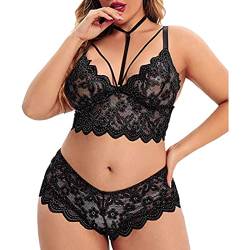 Plus Size 2 Stück Dessous für Frauen Träger-BH und Panty Unterwäsche Sets Spitze Strumpfband Gürtel Höschen & Durchsichtige Strümpfe Dessous Set (03A-Black, M) von Generic