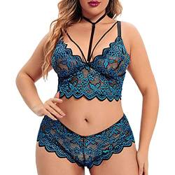 Plus Size 2 Stück Dessous für Frauen Träger-BH und Panty Unterwäsche Sets Spitze Strumpfband Gürtel Höschen & Durchsichtige Strümpfe Dessous Set (03A-Blau, XL) von Generic