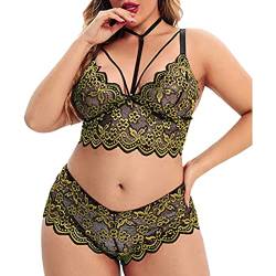 Plus Size 2 Stück Dessous für Frauen Träger-BH und Panty Unterwäsche Sets Spitze Strumpfband Gürtel Höschen & Durchsichtige Strümpfe Dessous Set (03A-Gelb, XXXL) von Generic