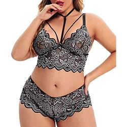 Plus Size 2 Stück Dessous für Frauen Träger-BH und Panty Unterwäsche Sets Spitze Strumpfband Gürtel Höschen & Durchsichtige Strümpfe Dessous Set (03A-Grau, XL) von Generic