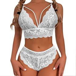 Plus Size 2 Stück Dessous für Frauen Träger-BH und Panty Unterwäsche Sets Spitze Strumpfband Gürtel Höschen & Durchsichtige Strümpfe Dessous Set (03B-Weiß, XXL) von Generic