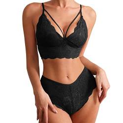 Plus Size 2 Stück Dessous für Frauen Träger-BH und Panty Unterwäsche Sets Spitze Strumpfband Gürtel Höschen & Durchsichtige Strümpfe Dessous Set (03F-Black, M) von Generic