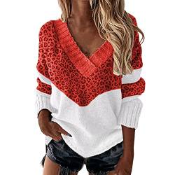 Pullover Damen, Damen Pullover Leopard V-Ausschnitt Strickpullover Casual Winter Herbst Oversize Lässiges Pulli Sweater Langarm Sweatshirt Elegant Oberteile Langarmshirt Strickpulli von Generic