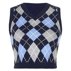 Pullover Damen Kurz Weste Kariert Crop Pullover Ärmellos V-Ausschnitt Pullunder Winter Herbst Lässig Bauchfrei Strickweste Elegent Strickpullover Warme Gestrickt Pulli Oberteil Tops von Generic