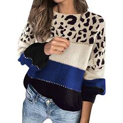 Pullover Damen Leopard Strickpullover Langarm Rundhals Sweater Patchwork Sweatshirt Herbst Winter Elegant Pulli Warme Lose Blusen Oberteile Tops von Generic